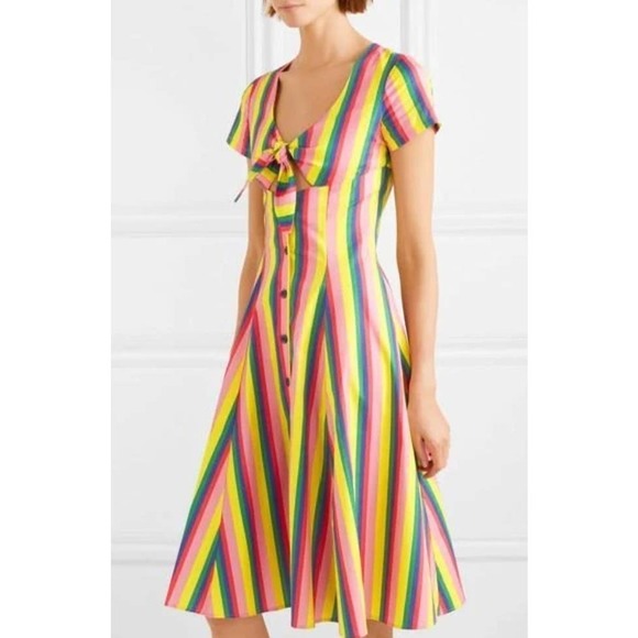 STAUD Alice Pink Colorful Rainbow Striped Poplin V-Neck Tie-Front Dress Sz 2 - Picture 3 of 14